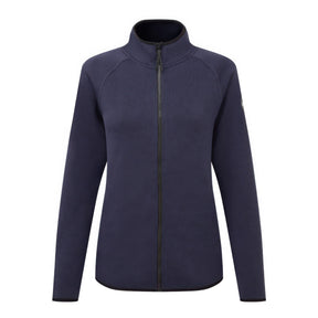 Navy blue jacket with a black zipper on a white background