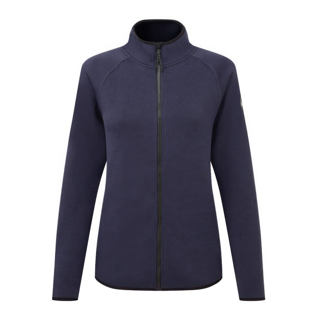 Navy blue jacket with a black zipper on a white background