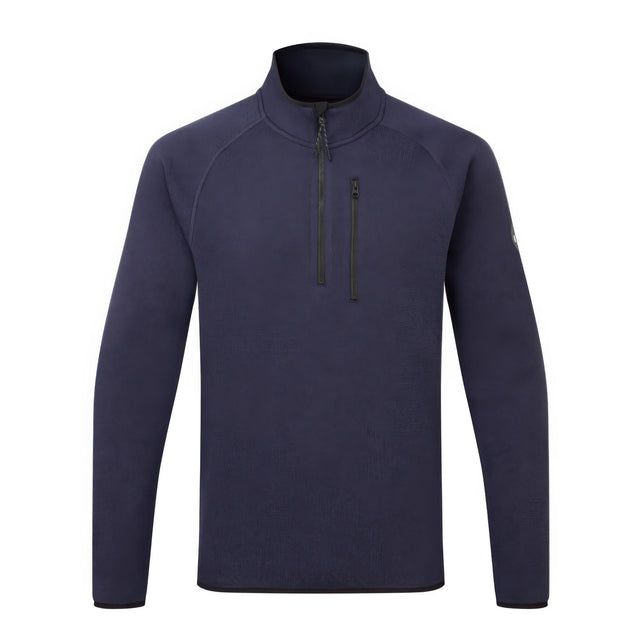 Navy blue pullover with a quarter zip on a white background