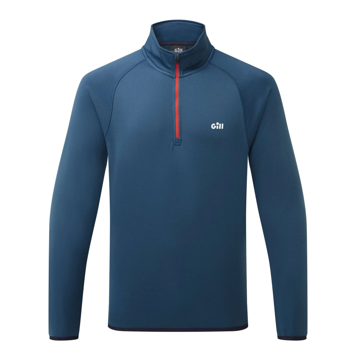 A blue long-sleeve quarter-zip pullover with a red zipper and a white GHI logo on the left chest, shown on a plain white background.