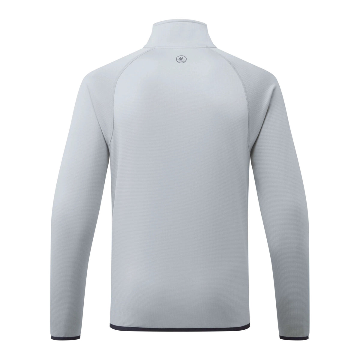 A light gray long-sleeve quarter-zip pullover jacket shown from the back, featuring a mock neck and a small circular logo centered below the collar.