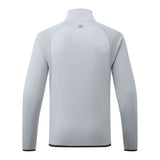 A light gray long-sleeve quarter-zip pullover jacket shown from the back, featuring a mock neck and a small circular logo centered below the collar.