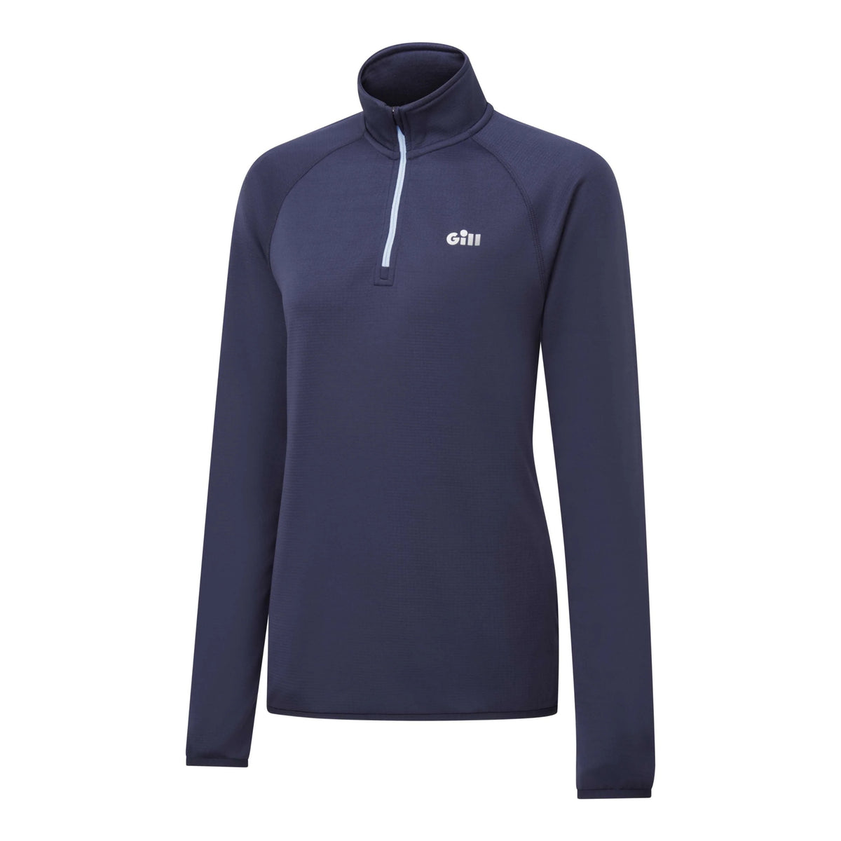 A navy blue long-sleeve quarter-zip pullover top with a white logo on the left chest, displayed on a clean white background.