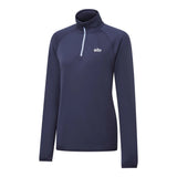 A navy blue long-sleeve quarter-zip pullover top with a white logo on the left chest, displayed on a clean white background.