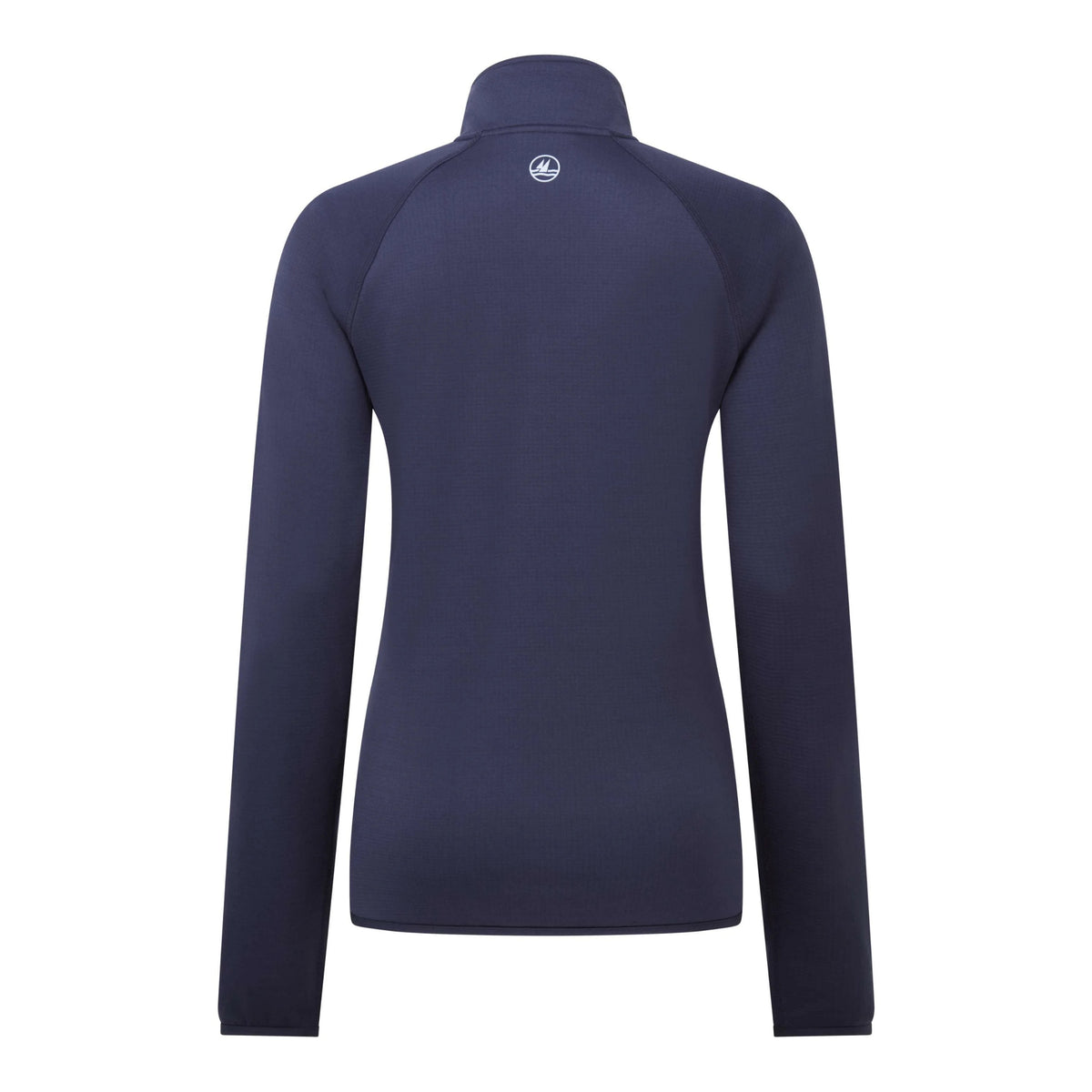 A dark navy blue long-sleeve quarter-zip pullover shown from the back, featuring a mock neck and a small circular logo on the upper back, set against a plain white background.