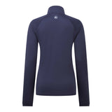 A dark navy blue long-sleeve quarter-zip pullover shown from the back, featuring a mock neck and a small circular logo on the upper back, set against a plain white background.