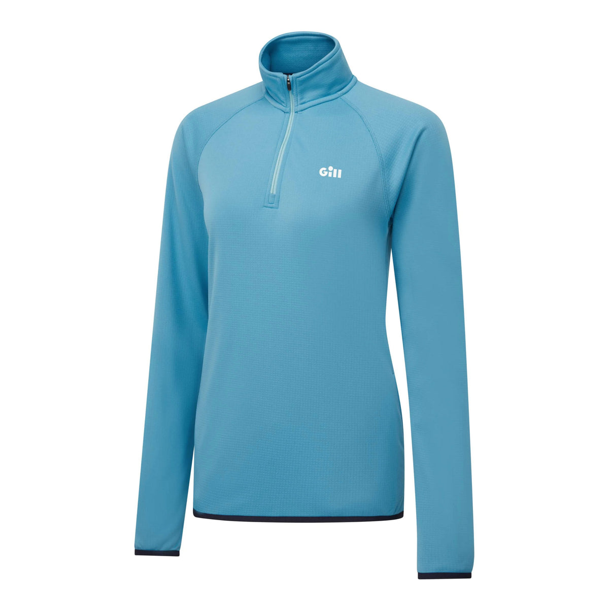 A light blue long-sleeve quarter-zip pullover top with a mock neck collar and a small white 'GHI' logo on the left chest, displayed on a clean white background.