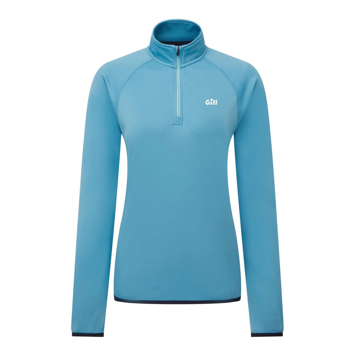 A light blue long-sleeve quarter-zip pullover top with a stand-up collar and a small white 'chi' logo on the left chest, displayed on a clean white background.