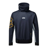 A dark navy blue athletic jacket with a high mock neck collar, featuring a white 'gill' logo on the chest and a yellow graphic on the right sleeve, displayed on a clean white background.