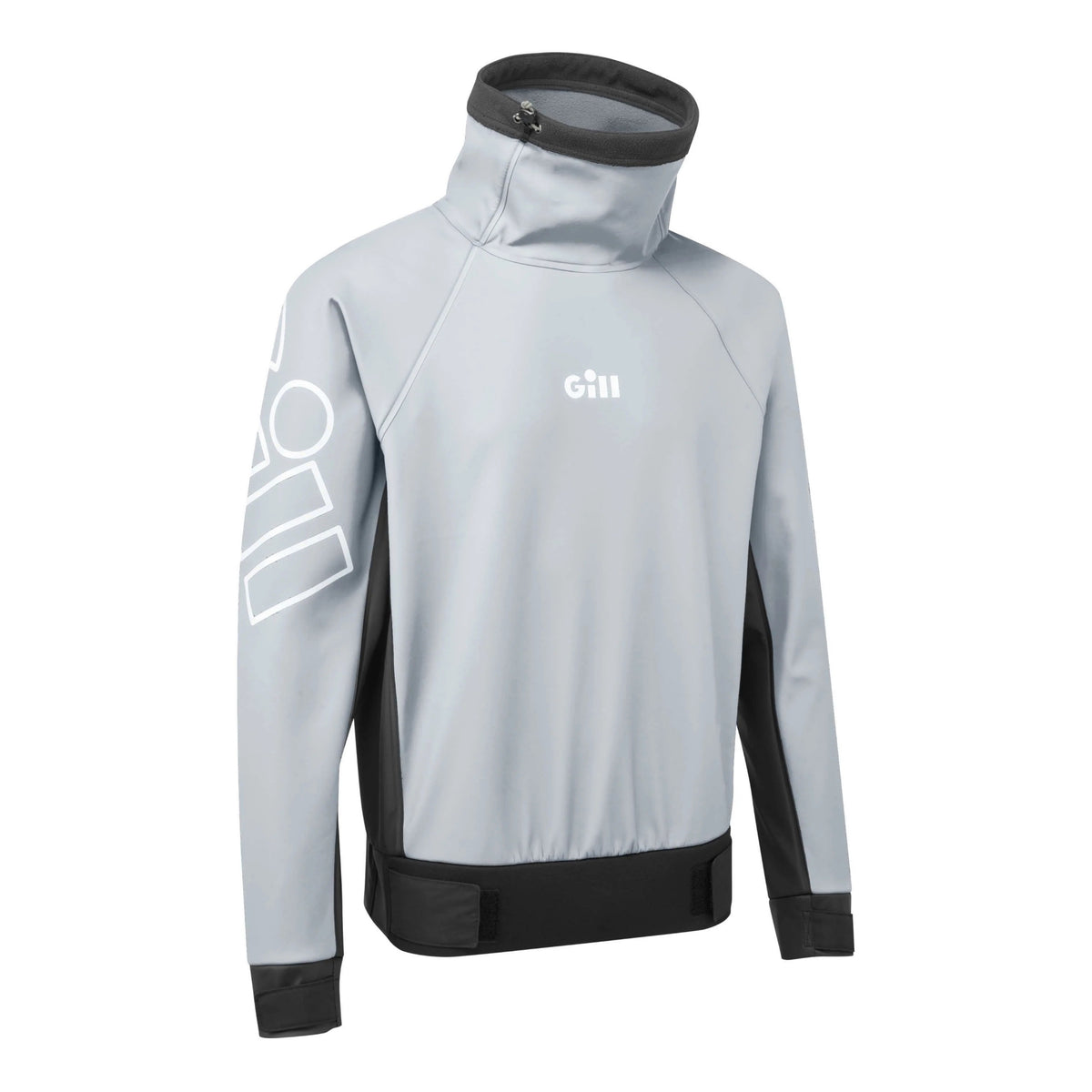 A light gray and black athletic pullover jacket with a high mock neck collar, featuring a white 'gill' logo on the chest and a white graphic on the sleeve, shown on a plain white background.