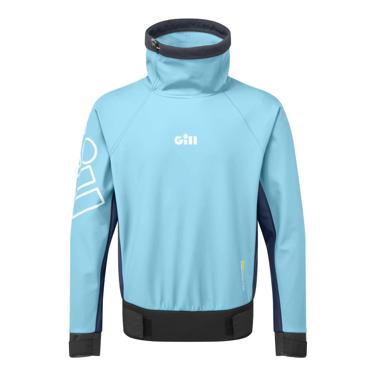 A light blue and navy blue technical pullover jacket with a high collar, featuring the GILL brand logo on the chest and a white graphic on the sleeve, shown against a plain white background.