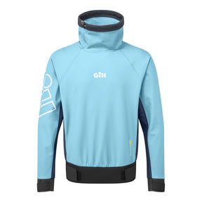 A light blue and navy blue technical pullover jacket with a high collar, featuring the GILL brand logo on the chest and a white graphic on the sleeve, shown against a plain white background.