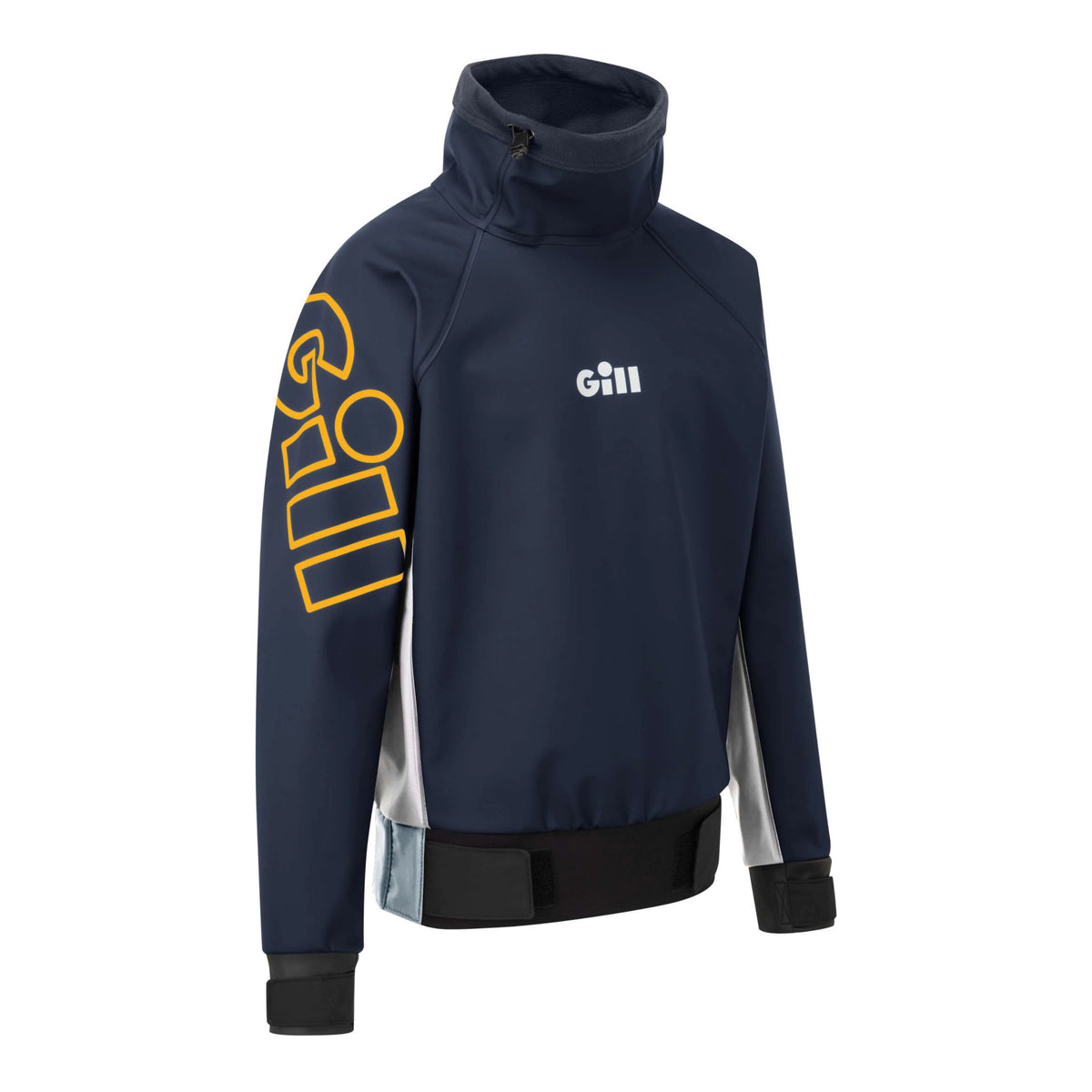 A navy blue GILL athletic jacket with a mock neck, featuring a yellow outlined logo on the right sleeve, a white GILL logo on the left chest, and white side panels, shown on a plain white background.