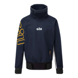 A navy blue high-collar athletic jacket by Gill, featuring a white logo on the chest and a yellow graphic on the sleeve, displayed against a solid white background.