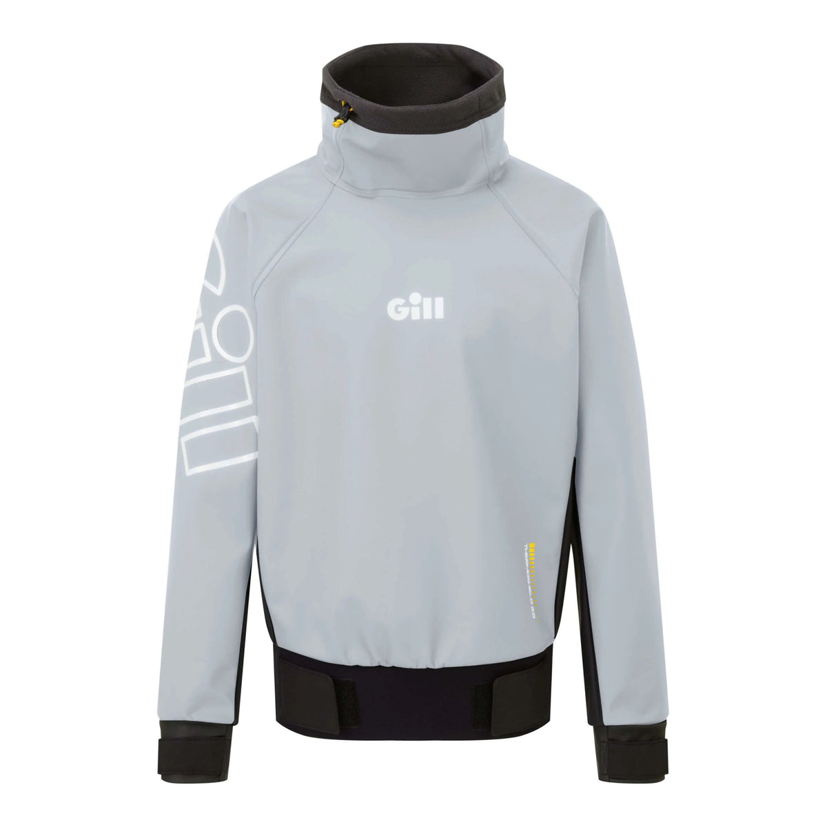 A light gray and black GILL technical jacket with a high collar, white sleeve graphics, and a white GILL logo on the chest, shown against a plain white background.