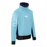 A light blue GILL athletic jacket with dark navy panels on the sides, collar, and cuffs, featuring a white GILL logo on the chest and a large white graphic outline on the sleeve.