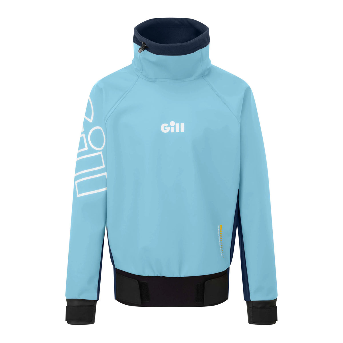 A light blue and navy GILL athletic jacket with a mock neck, featuring a white stylized logo on the right sleeve and a white GILL logo on the left chest, displayed on a clean white background.