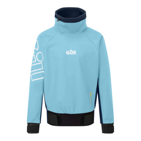 A light blue and navy GILL athletic jacket with a mock neck, featuring a white stylized logo on the right sleeve and a white GILL logo on the left chest, displayed on a clean white background.