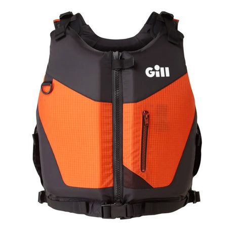 Orange and black life jacket with Gill logo on a white background