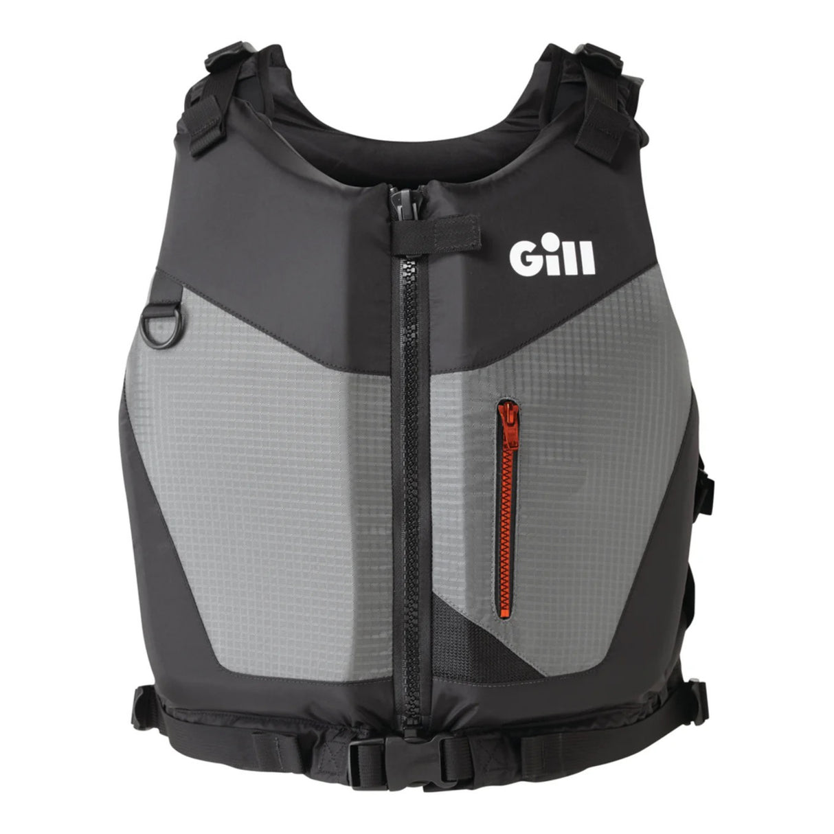 Gray and black life jacket with Gill logo on a white background