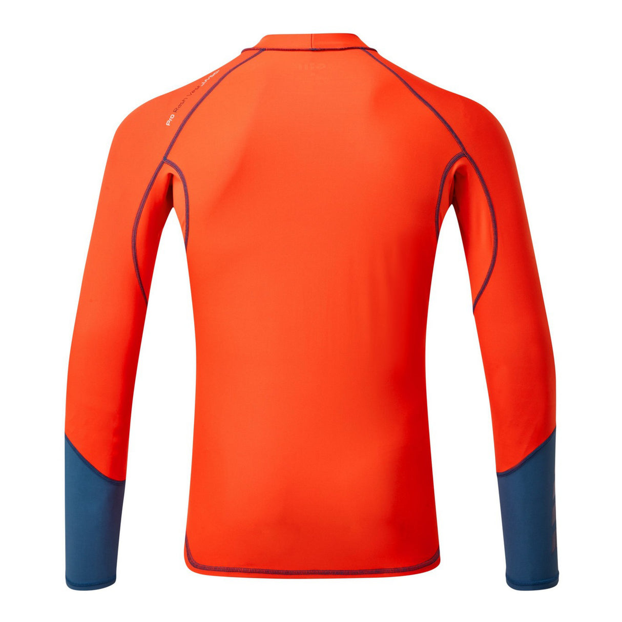 Orange long-sleeve shirt with blue accents on a white background.