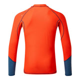 Orange long-sleeve shirt with blue accents on a white background.