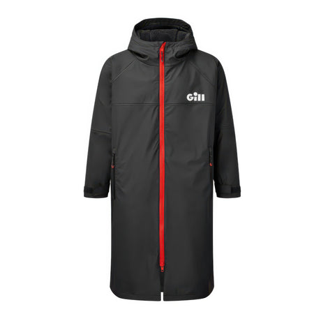 Black raincoat with red zipper and Gill logo on a white background