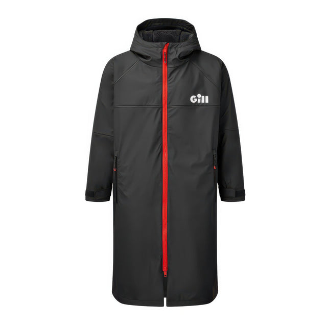 Black raincoat with red zipper and Gill logo on a white background