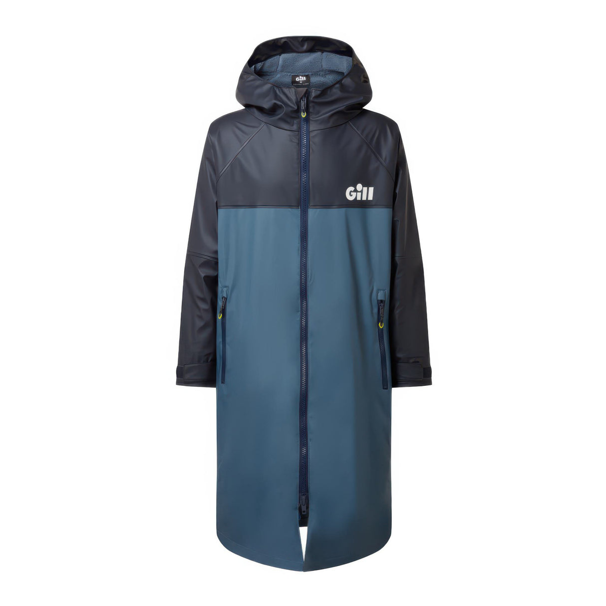 Long raincoat with a hood on a white background, featuring the Gill brand logo.