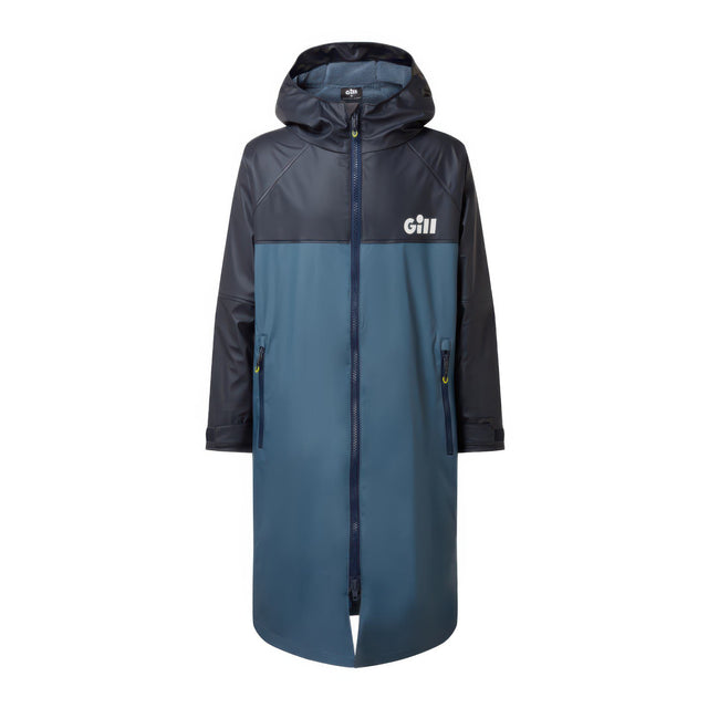 Long raincoat with a hood on a white background, featuring the Gill brand logo.