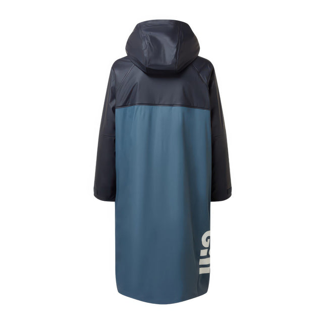 Two-tone raincoat with a visible brand logo on a white background