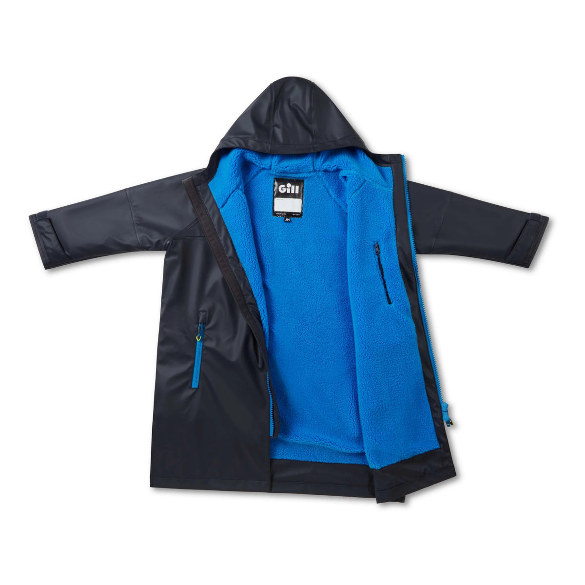 A hooded jacket shown open against a white background, featuring a black outer shell with a bright blue fleece interior.
