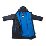 A hooded jacket shown open against a white background, featuring a black outer shell with a bright blue fleece interior.