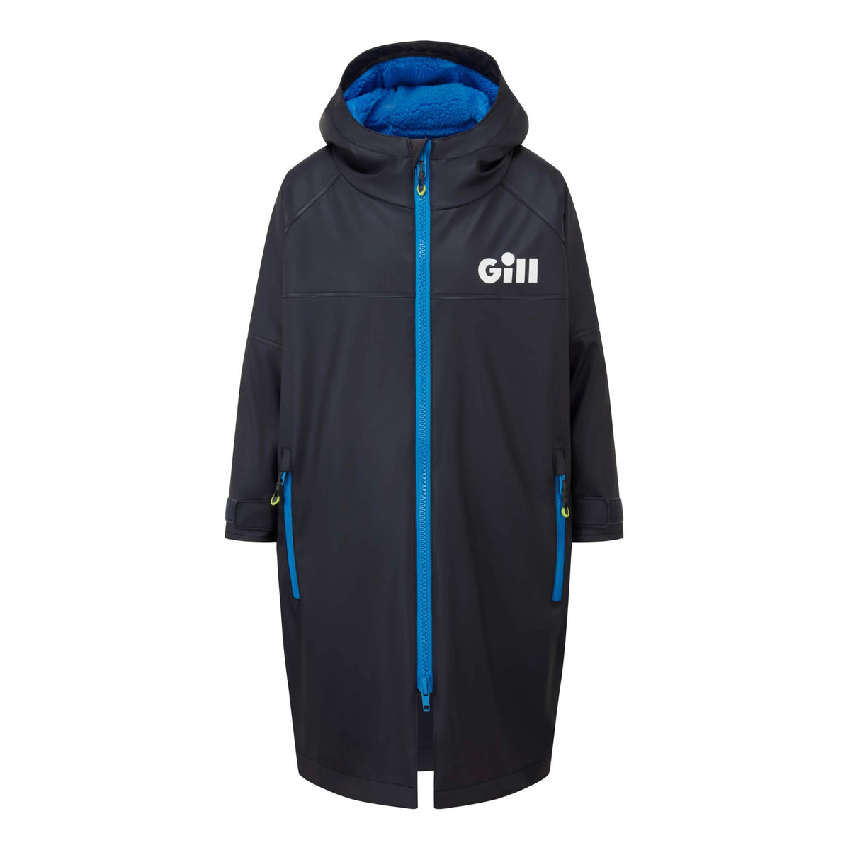 A dark gray hooded raincoat with a bright blue interior lining and blue zipper accents, featuring the white 'Gill' brand logo on the left chest.