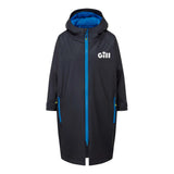 A dark gray hooded raincoat with a bright blue interior lining and blue zipper accents, featuring the white 'Gill' brand logo on the left chest.