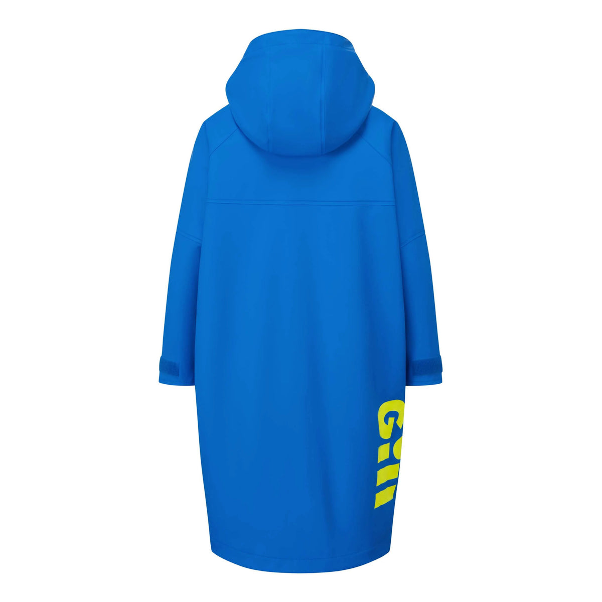 A bright blue hooded coat shown from the back, featuring a large yellow vertical graphic print on the lower back, set against a plain white background.