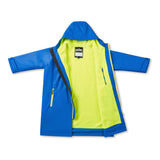 A hooded rain jacket shown open against a plain white background, with a bright blue exterior and a neon yellow-green interior. A black zipper runs along the collar, and a small black brand patch is visible near the neck.