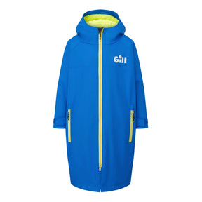 A bright blue hooded jacket with a neon yellow interior hood lining, neon yellow zipper, and a white Gill logo on the left chest, shown against a plain white background.