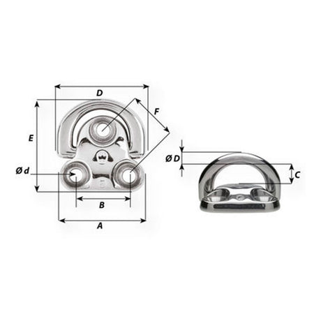 Technical drawing of a metal clip with labeled dimensions on a white background
