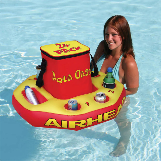 Inflatable cooler with 'Aqua Oasis' and 'Airhead' branding in a pool.