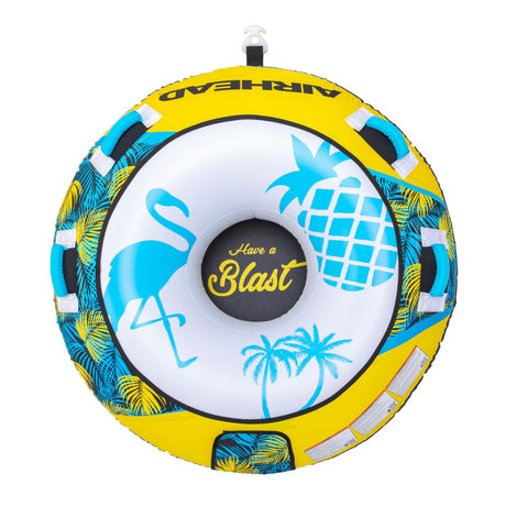 Inflatable tube with tropical design and 'Airhead' branding on a white background