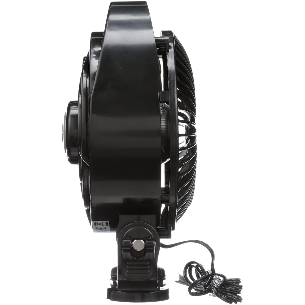 Black fan with a power cable on a white background