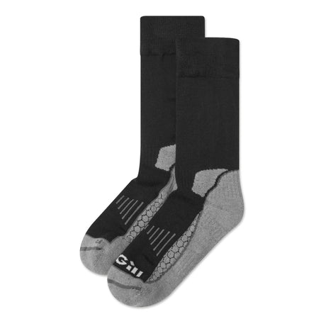 Two black and gray socks with a brand logo on a white background