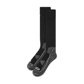 Pair of black socks with gray accents on a white background