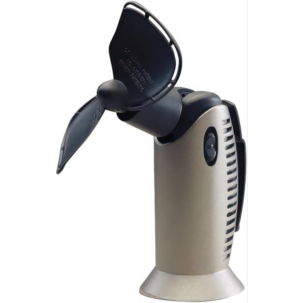 Handheld device with a black propeller on a white background