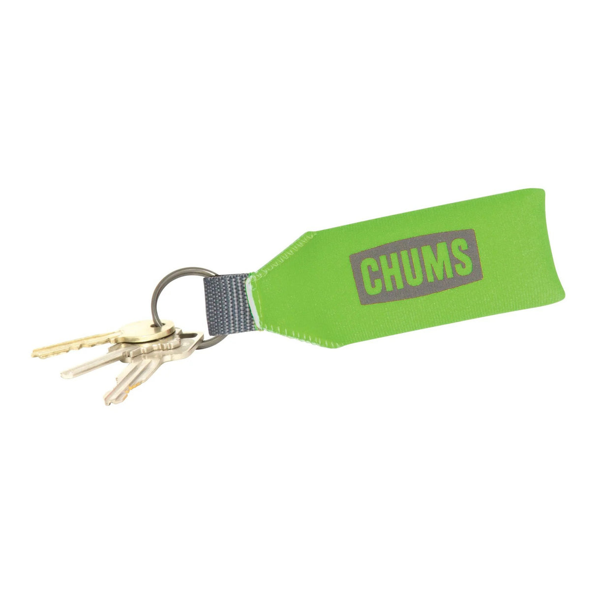Green keychain with 'CHUMS' logo on a white background