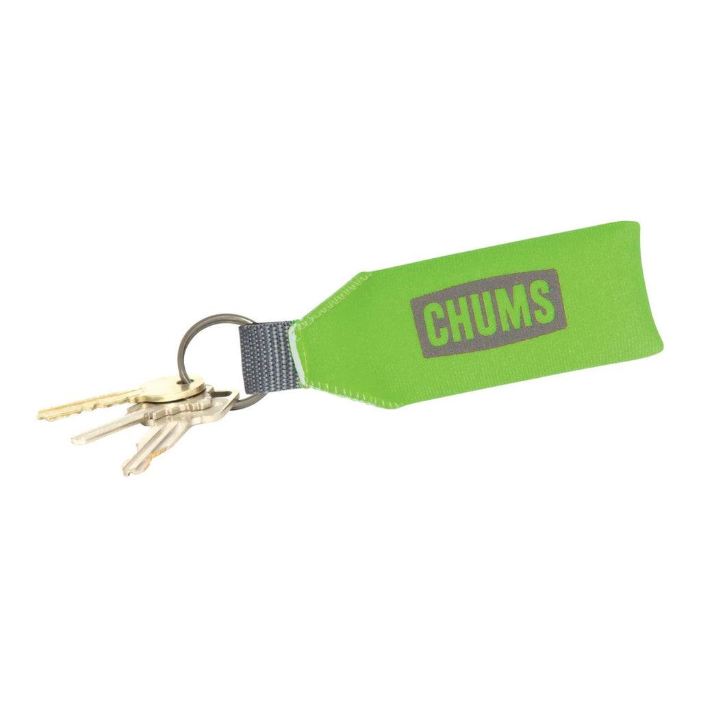 Green keychain with 'CHUMS' logo on a white background