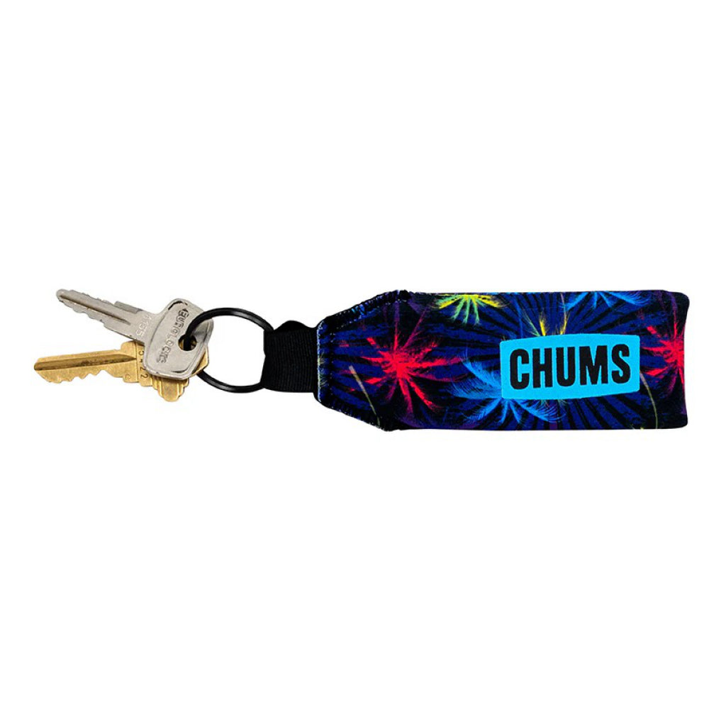 Keychain with colorful design and 'CHUMS' branding on a white background