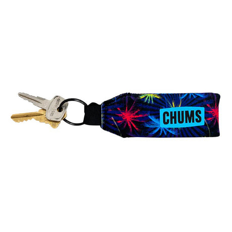 Keychain with colorful design and 'CHUMS' branding on a white background