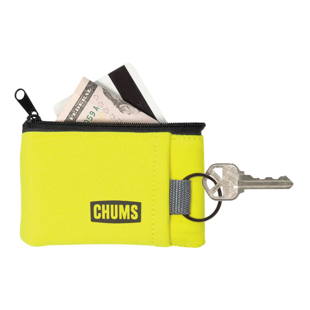 Yellow zippered pouch with keys and money on a white background, featuring the brand 'Chums'.